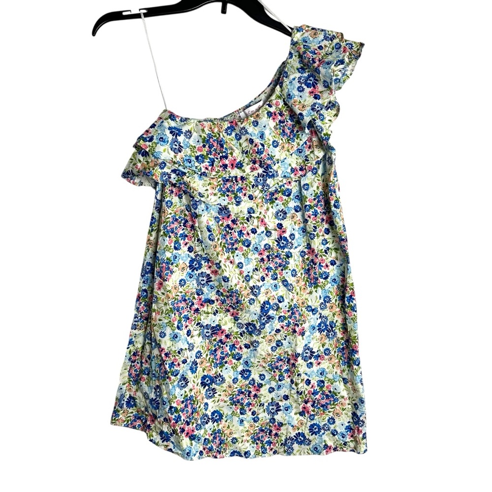 Meet Me in Santorini One Shoulder Ruffle Dress XS Floral Cotton Blend